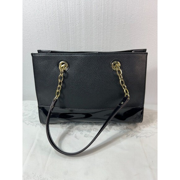 Anne Klein Leather Two-Toned Black Handbag with Gold Chain and Medallion - Picture 3 of 7